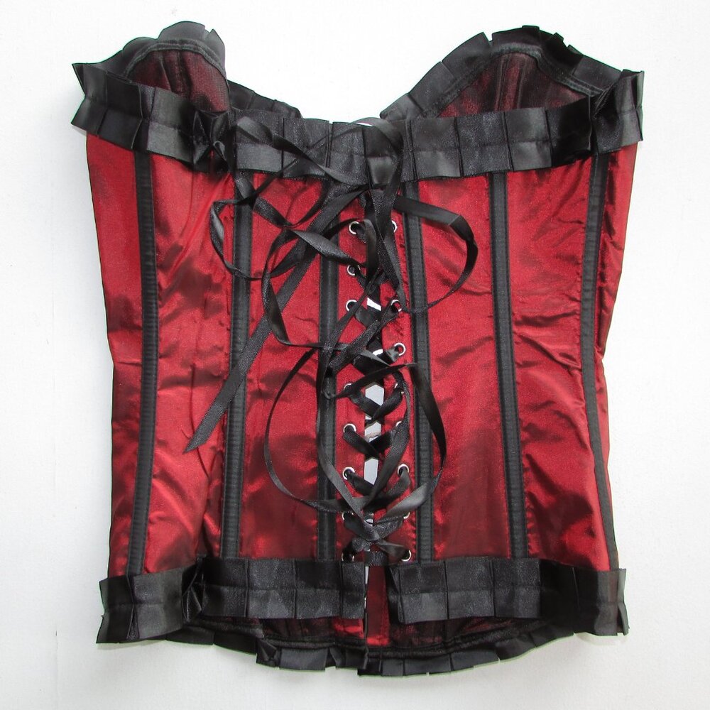 Deep Red Taffeta Ruffled Corset Set - Small - NEW - Picture 6 of 7